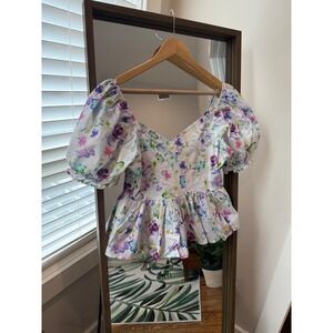Urban Outfitters‎ Floral Print Peplum Top Puff Sleeve Double V-Neck Medium EUC